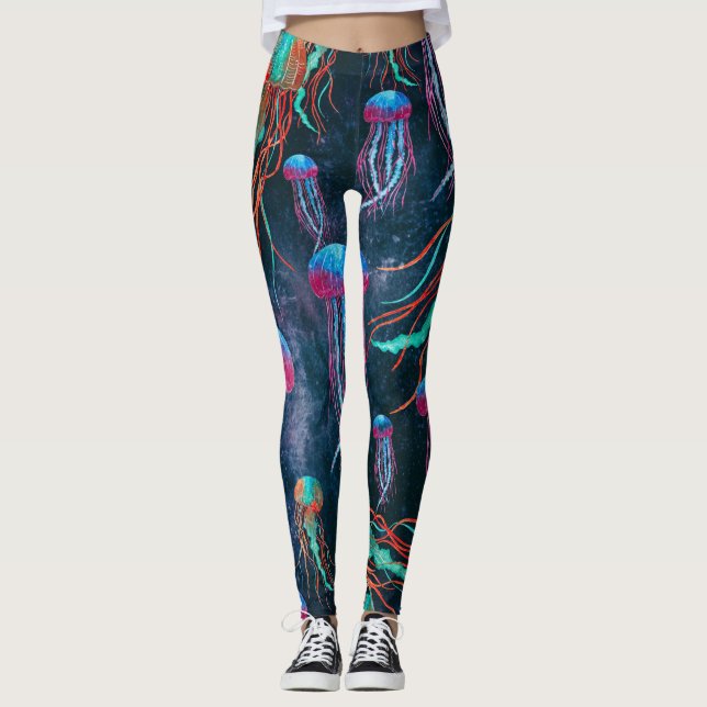 Cool Jellyfish in Deep Blue Sea Leggings (Front)