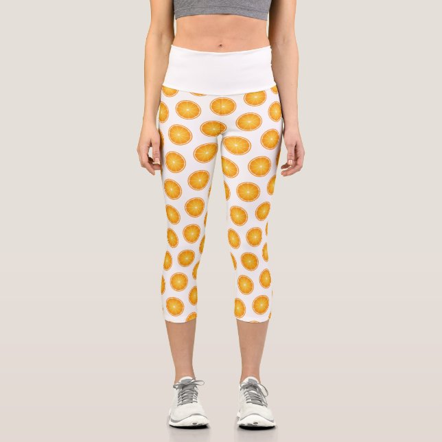 Cool Juicy Orange fruit slices pattern white Capri Leggings (Front)