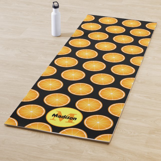 Cool Juicy Orange slices pattern black Monogram Yoga Mat (In Situ)