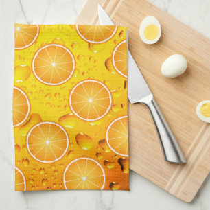 Cool Juicy Orange slices pattern on Water drops Tea Towel