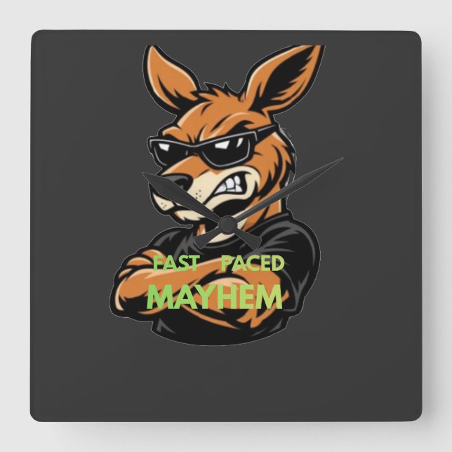 Cool Kangaroo Fast Paced Mayhem Black T-Shirt Square Wall Clock (Front)
