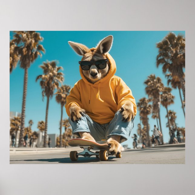 Cool Kangaroo in Sunglasses on a Skateboard Poster (Front)