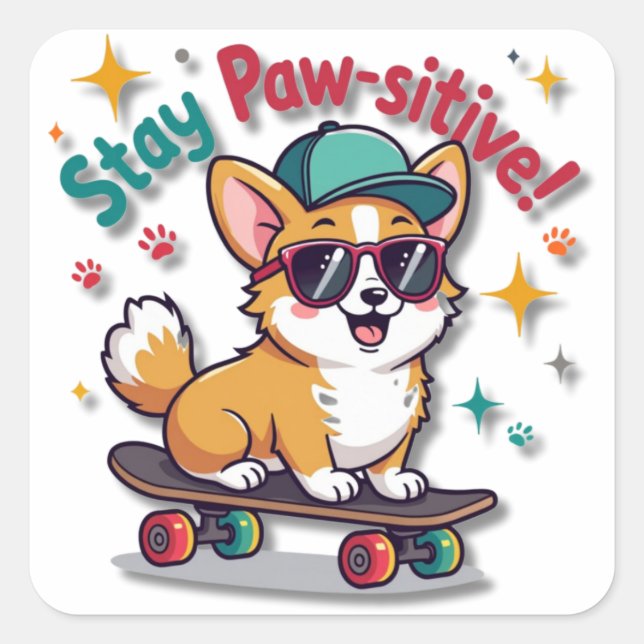 Cool Kawaii Corgi on a Skateboard Square Sticker (Front)