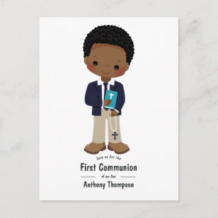 Cool Khaki Black Boy First Holy Communion Invite Postcard