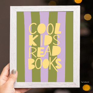 Cool Kids Read Books Purple Olive Stripes Typo Poster