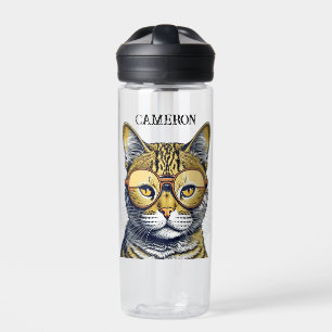 Cool Kitty Cat with Glasses Personalised Water Bottle