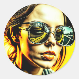 Cool Lady in Sunglasses Reflection of a Road Classic Round Sticker