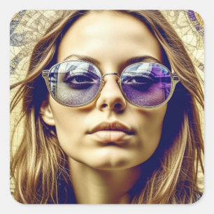 Cool Lady with Reflection in her Sunglasses Square Sticker