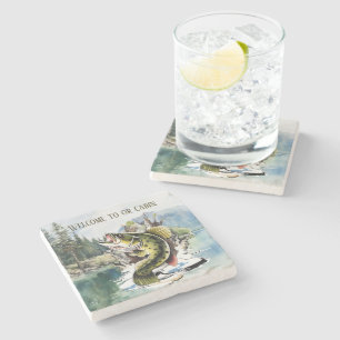 Cool lake house welcome fish  stone coaster