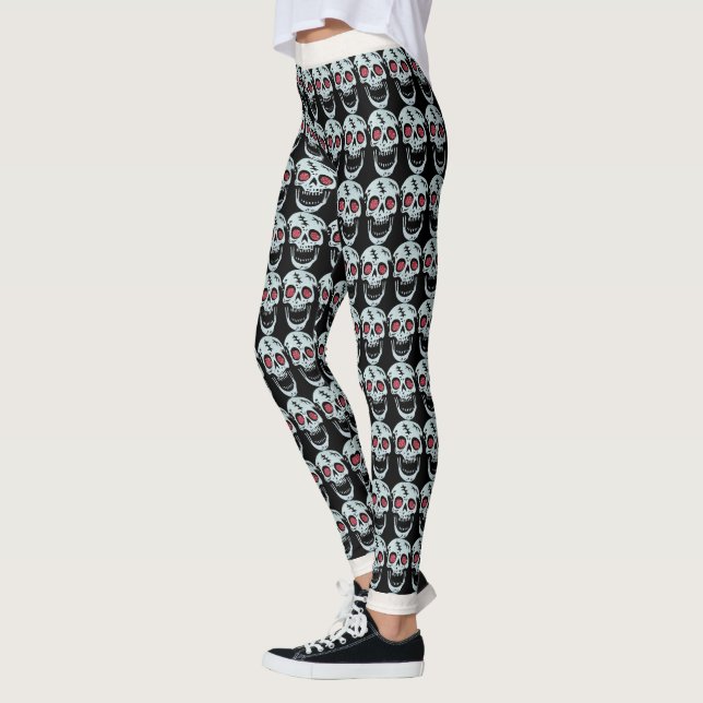 Cool Laughing White Skull Red Faux Glitter Eyes Leggings (Left)