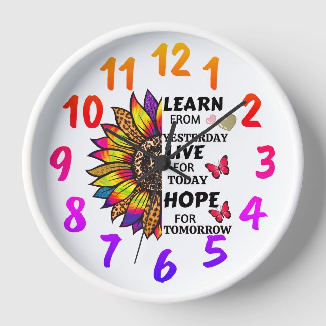 Cool Learn From Yesterday Quote Rainbow Sunflower  Clock (Front)