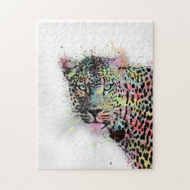 Cool leopard animal watercolor splatters paint jigsaw puzzle (Vertical)