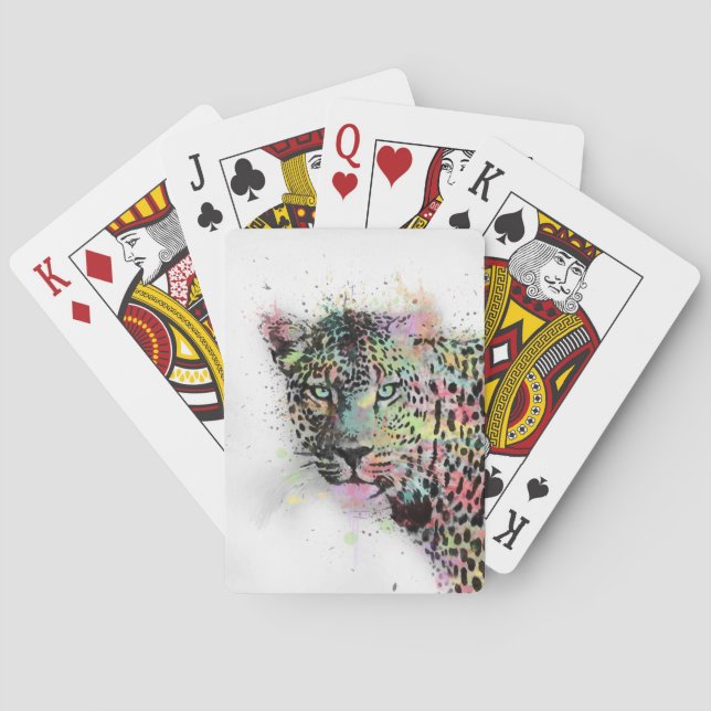Cool leopard animal watercolor splatters paint playing cards (Back)