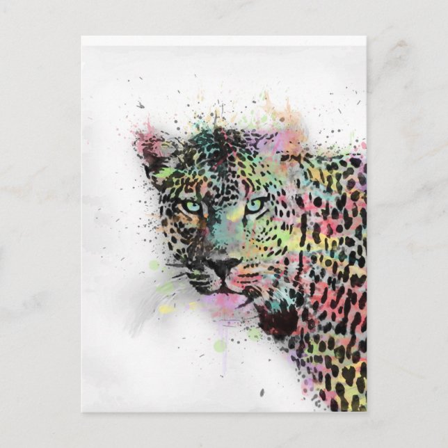 Cool leopard animal watercolor splatters paint postcard (Front)