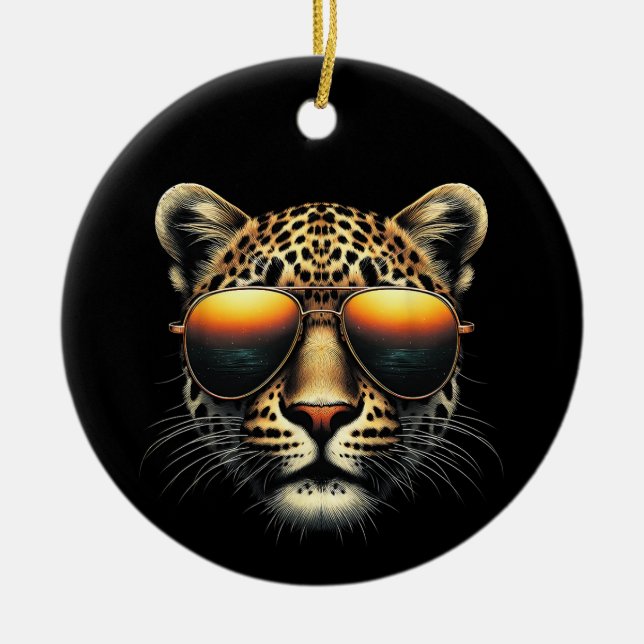Cool Leopard Wearing Sunglasses Stylish Leopard  Ceramic Tree Decoration (Front)