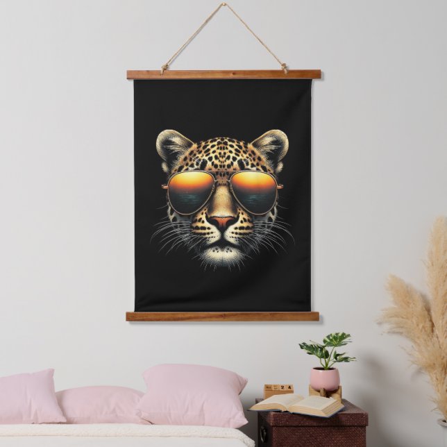 Cool Leopard Wearing Sunglasses Stylish Leopard  Hanging Tapestry (Bedroom)