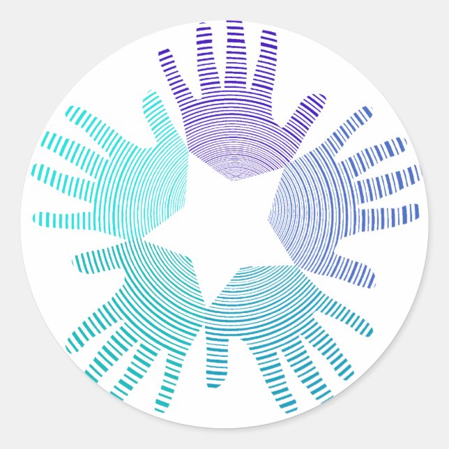 Cool Light and dark blues hands circles and a star Classic Round Sticker (Front)