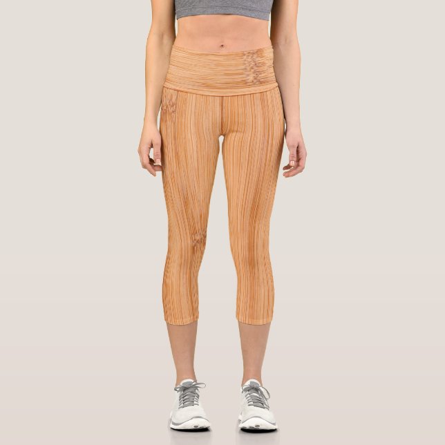 Cool light brown bamboo wood print capri leggings (Front)