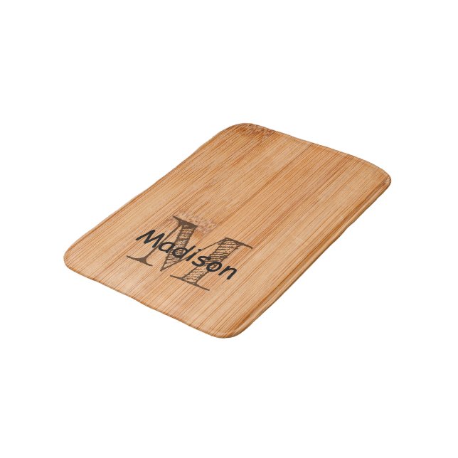 Cool light brown bamboo wood print Monogram  Bath Mat (Angled)
