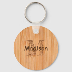 Cool light brown bamboo wood print Monogram  Key Ring
