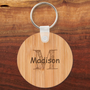 Cool light brown bamboo wood print Monogram  Key Ring