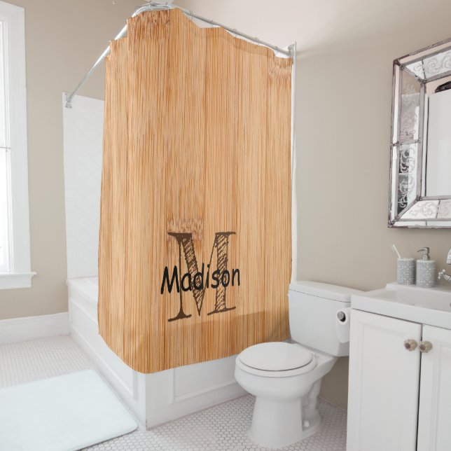 Cool light brown bamboo wood print Monogram  Shower Curtain (In Situ)