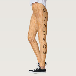 Cool light brown bamboo wood print Name Monogram Leggings