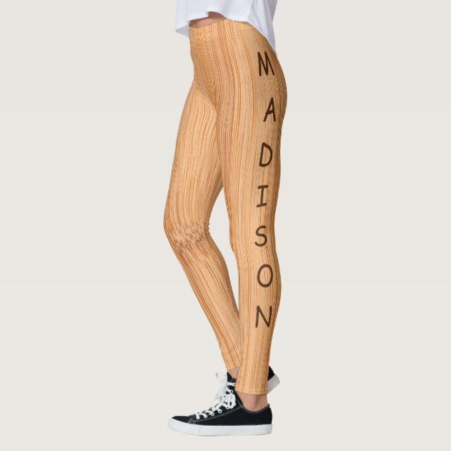 Cool light brown bamboo wood print Name Monogram Leggings (Left)