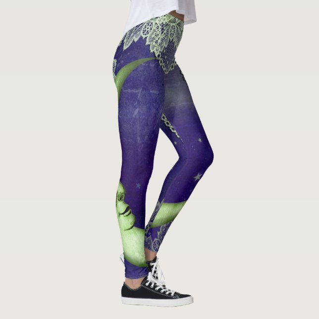 Cool Lime Green Quarter Moon & Lace on Purple Leggings (Right)