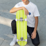 Cool Lime Green White Racing Stripes Monogrammed Skateboard<br><div class="desc">Create your own custom, personalised, modern, cool, stylish, summery lime green and white racing stripes, classy elegant typography script, best quality hard-rock maple competition shaped skateboard deck. To customise, simply type in your name / monogram / initials. While you add / design, you'll be able to see a preview of...</div>