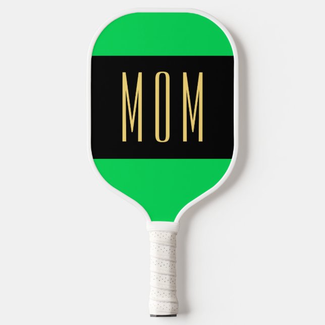 Cool Lime Green Wide Black Center Stripe MOM Text Pickleball Paddle (Front)