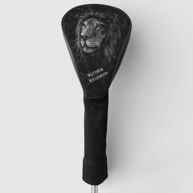 Cool Lion Black Marble Background Monogram  Golf Head Cover (Front)