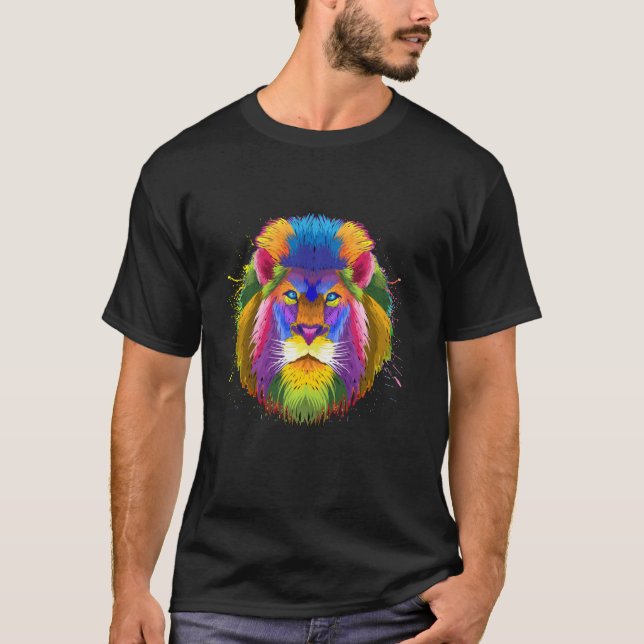 Cool Lion Head Face With Bright Colourful T-Shirt (Front)