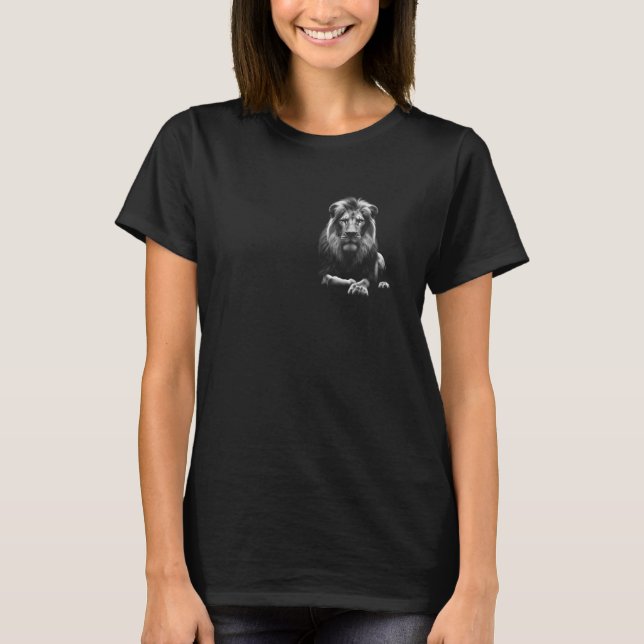 Cool Lion in Lying Pose in Drawing Style on Chest T-Shirt (Front)