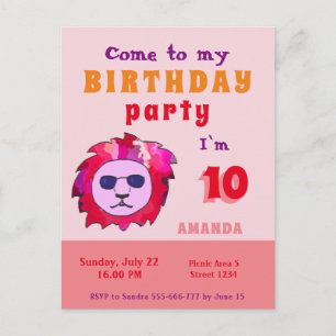 Cool Lion Pink Kid`s Birthday Party Invitation Postcard