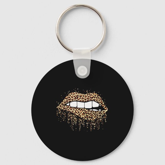 Cool Lips Bite Kiss Me Leopard Print Cheetah- Vale Key Ring (Front)