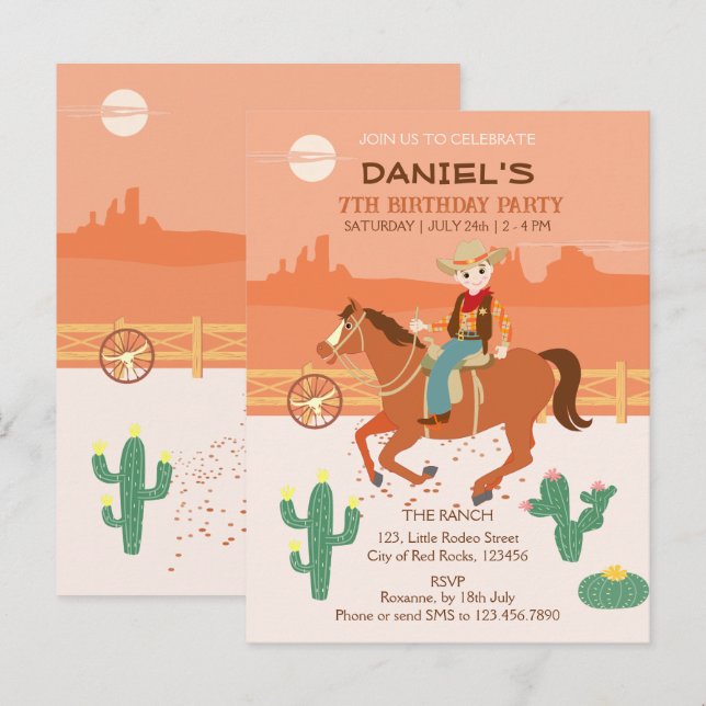 Cool little cowboy and horse Birthday Party Invitation Postcard (Front/Back)