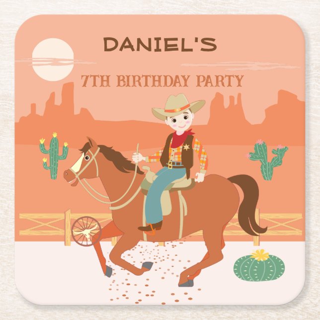 Cool little cowboy and horse Birthday Party Square Paper Coaster (Front)