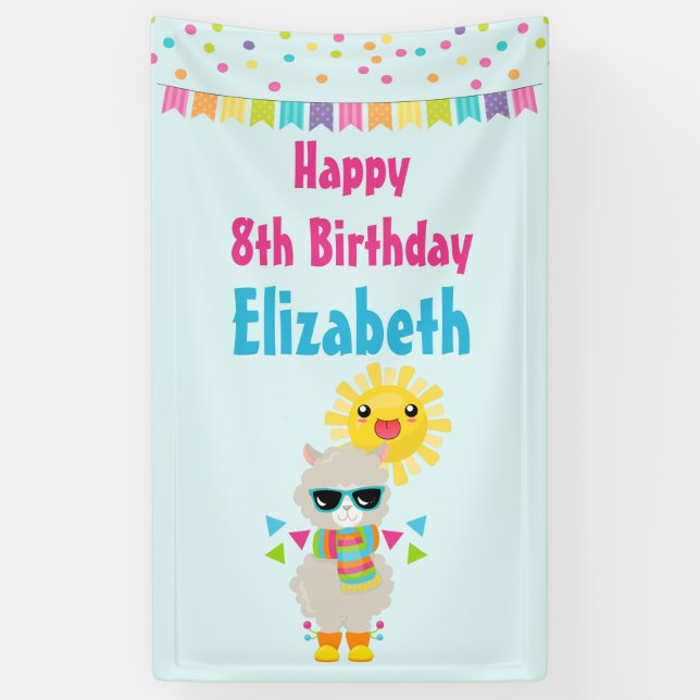 Cool Llama and Smiling Kawaii Sun Birthday Banner (Vertical)