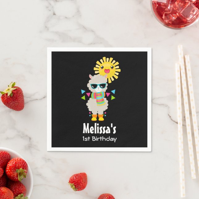 Cool Llama and Smiling Kawaii Sun Birthday Napkin (Insitu)