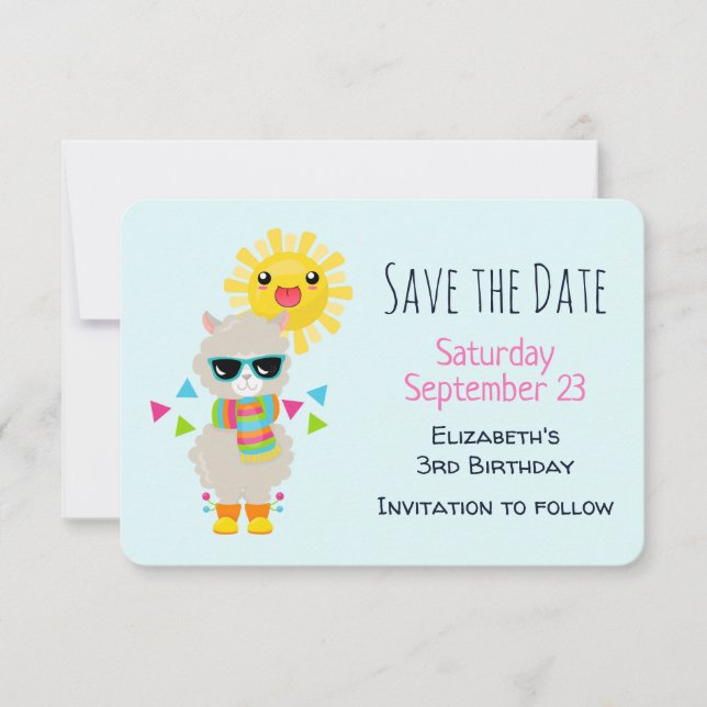 Cool Llama and Smiling Kawaii Sun Birthday Save The Date (Front)