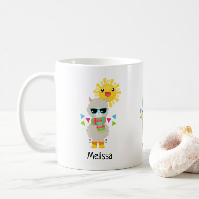 Cool Llama and Smiling Kawaii Sun Coffee Mug (With Donut)