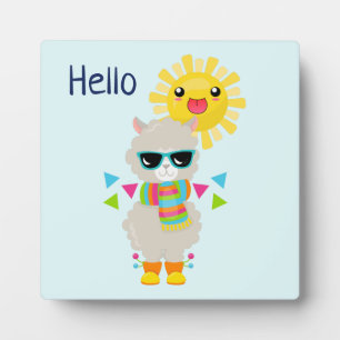 Cool Llama and Smiling Kawaii Sun Hello Plaque