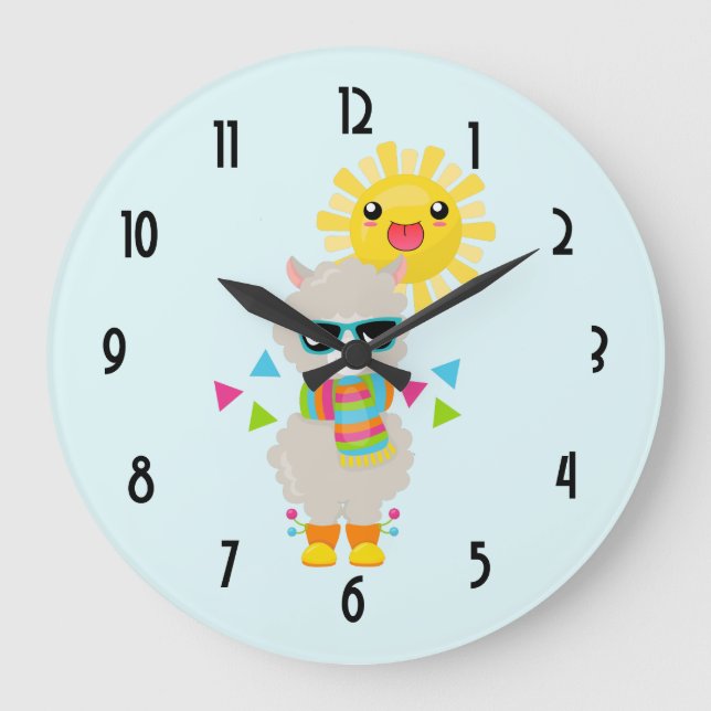 Cool Llama and Smiling Kawaii Sun Large Clock (Front)