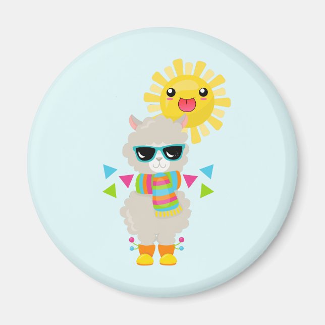 Cool Llama and Smiling Kawaii Sun Magnet (Front)