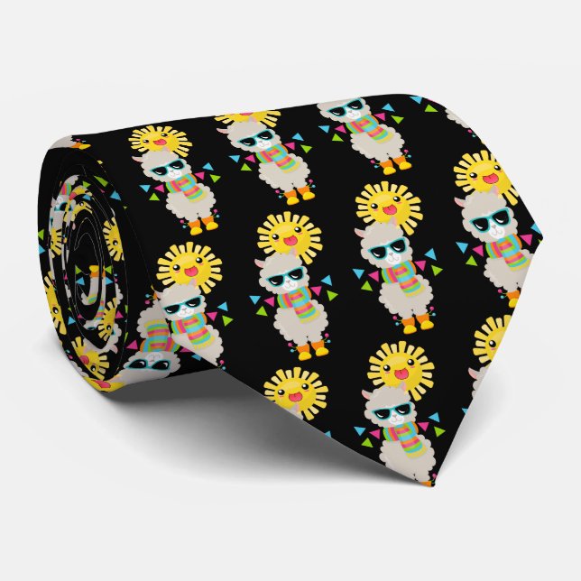 Cool Llama and Smiling Kawaii Sun Pattern Tie (Rolled)