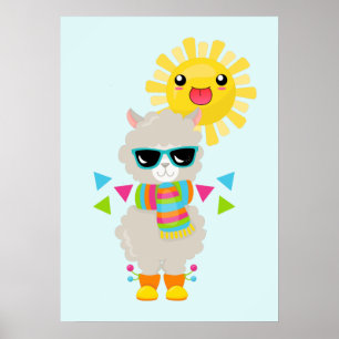 Cool Llama and Smiling Kawaii Sun Poster