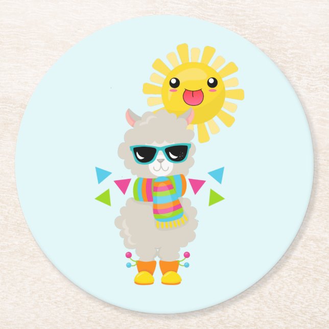 Cool Llama and Smiling Kawaii Sun Round Paper Coaster (Front)