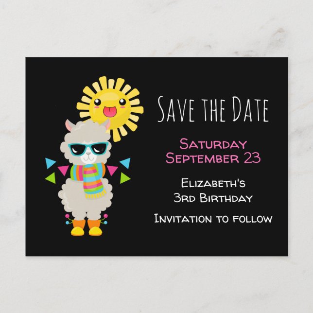 Cool Llama and Smiling Kawaii Sun Save the Date Invitation Postcard (Front)