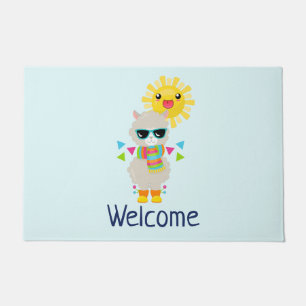 Cool Llama and Smiling Kawaii Sun Welcome Doormat